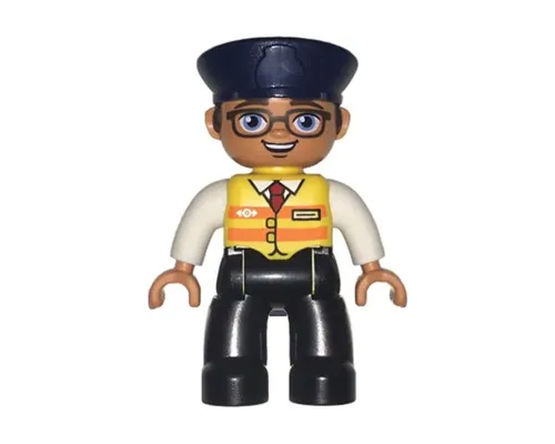 Duplo Figure Lego Ville, Male, Black Legs, White Shirt, Yellow Safety Vest with Train Logo, Dark Blue Hat, Brown Hair and Glasses Image