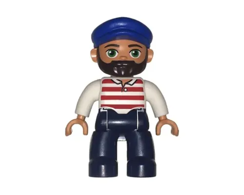 Duplo Figure Lego Ville, Male, Dark Blue Legs, White Shirt with Red Horizontal Stripes, Blue Cap and Beard Image