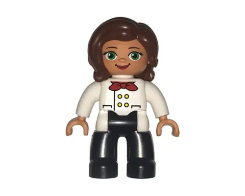 Duplo Figure Lego Ville, Female, Black Legs, White Chefs Top with Red Scarf and Reddish Brown Hair Image