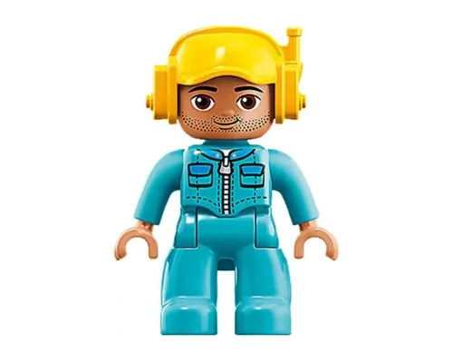 Duplo Figure Lego Ville, Male, Medium Azure Legs, Medium Azure Jacket with Zipper and Pockets, Yellow Cap with Headset Image