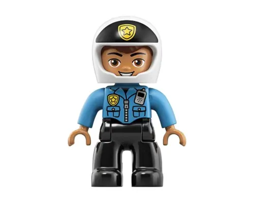 Duplo Figure Lego Ville, Male Police, Black Legs, Dark Azure Top with Badge and Radio, White Helmet with Black Front and Badge (6252672) Image