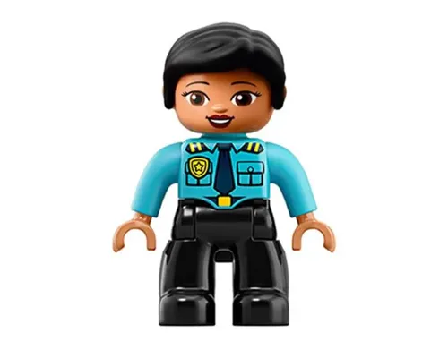 Duplo Figure Lego Ville, Female Police, Black Legs, Medium Azure Top with Badge and Epaulettes, Black Hair Image