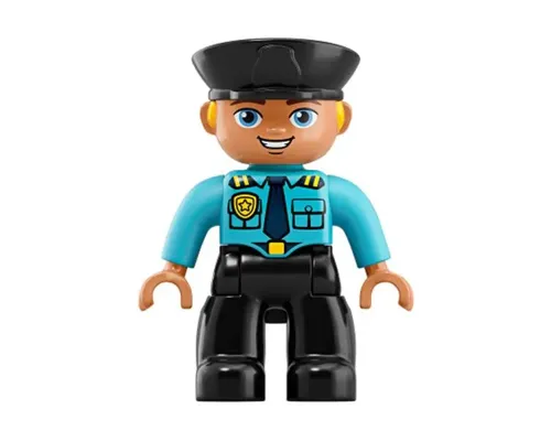 Duplo Figure Lego Ville, Male Police, Black Legs, Medium Azure Top with Badge and Epaulettes, Black Hat with Yellow Hair Image