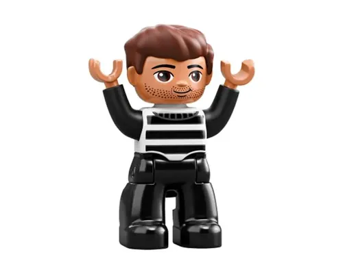 Duplo Figure Lego Ville, Male, Black Legs, Black and White Striped Top, Reddish Brown Hair (Prisoner) Image