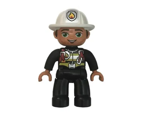 Duplo Figure Lego Ville, Male Fireman, Black Legs, Striped Jacket with Red Safety Harness, White Helmet with Silver Fire Badge, Green Eyes, Stubble Image