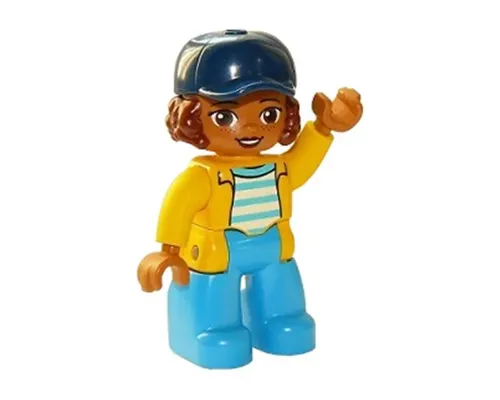 Duplo Figure Lego Ville, Female, Dark Azure Legs, White Top with Medium Azure Stripes and Yellow Jacket, Reddish Brown Hair and Dark Blue Cap (6264312) Image