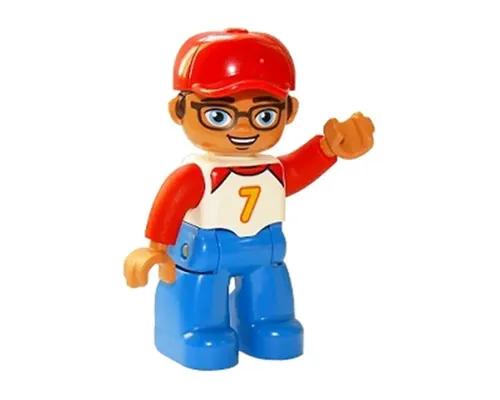 Duplo Figure Lego Ville, Male, Blue Legs, White Top with Number 7 and Red Arms, Reddish Brown Hair, Red Cap (6268360) Image