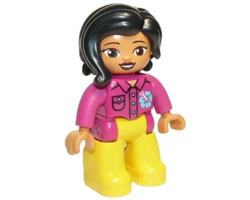 Duplo Figure Lego Ville, Female, Yellow Legs, Magenta Shirt with Flower, Black Hair Image