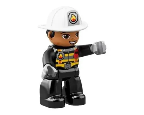 Duplo Figure Lego Ville, Male Firefighter, Black Legs, Black Jacket with Safety Harness, White Helmet with Silver Fire Badge and Radio, Brown Eyes Image