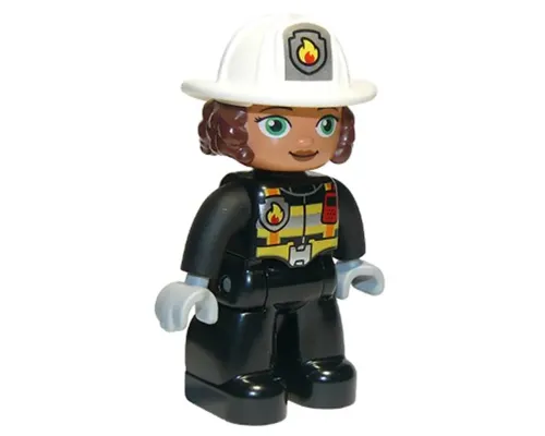 Duplo Figure Lego Ville, Female Firefighter, Black Legs, Black Jacket with Safety Harness, White Helmet with Silver Fire Badge and Radio, Green Eyes Image