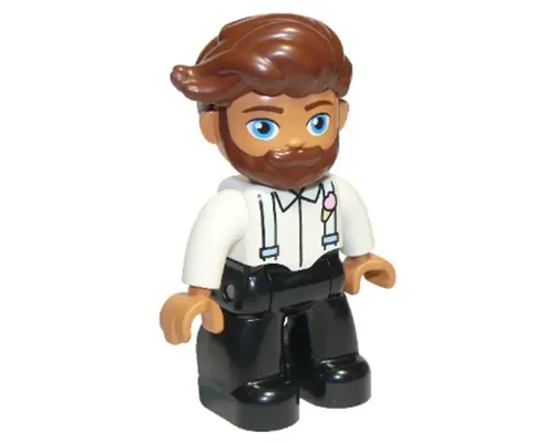 Duplo Figure Lego Ville, Male, Black Legs, White Top with Light Aqua Suspenders, Reddish Brown Hair, Beard (6293930) Image