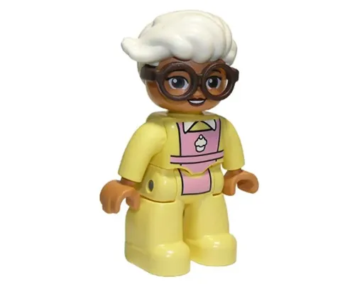 Duplo Figure Lego Ville, Female, Bright Light Yellow Suit with Bright Pink Apron, Dark Brown Glasses, White Hair (6294294) Image