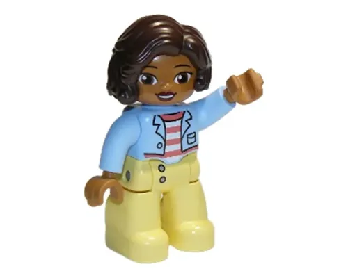 Duplo Figure Lego Ville, Female, Bright Light Yellow Legs, Bright Light Blue Top with Coral and White Stripes Shirt, Dark Brown Hair (6294848) Image