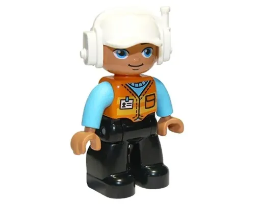 Duplo Figure Lego Ville, Male, Black Legs, Orange Vest with Badge and Pocket, Medium Azure Arms, White Cap with Headset (6301361) Image