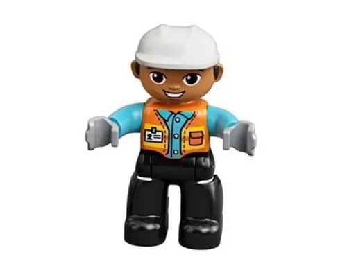 Duplo Figure Lego Ville, Male, Black Legs, Orange Vest with Badge and Pocket, Medium Azure Arms, Light Bluish Gray Hands, White Construction Helmet (6308180) Image