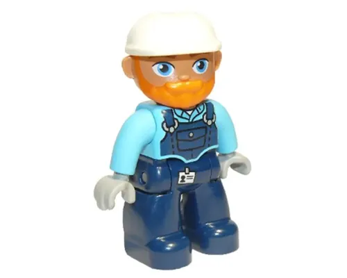 Duplo Figure Lego Ville, Male, Dark Blue Legs, Medium Azure Top with Dark Blue Overalls, White Construction Helmet, Orange Beard (6307376) Image