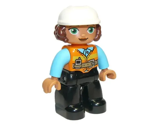 Duplo Figure Lego Ville, Female, Black Legs, Orange Vest with Belt and Telephone, Medium Azure Arms, Light Bluish Gray Hands, White Construction Helmet (6308514) Image