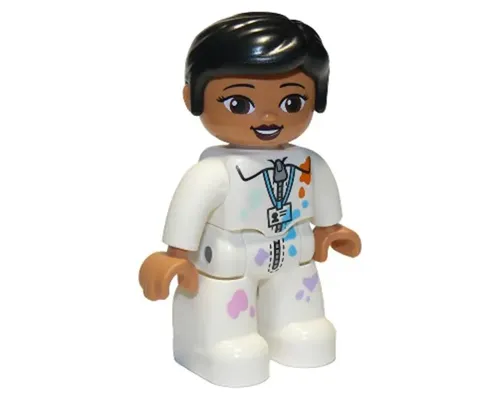 Duplo Figure Lego Ville, Female, White Suit with Zipper, ID Badge, and Paint Splotches, Black Knot Bun Hair Image