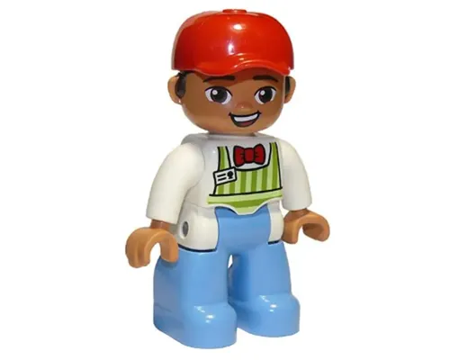 Duplo Figure Lego Ville, Male, Medium Blue Legs, Lime Striped Apron, Red Bow Tie, Dark Brown Hair, Red Cap (6295457) Image