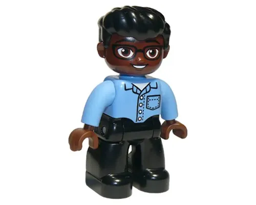 Duplo Figure Lego Ville, Male, Black Legs, Medium Blue Shirt with Pocket, Reddish Brown Head, Glasses, Black Hair Swept Forward, Oval Eyes (6295460) Image