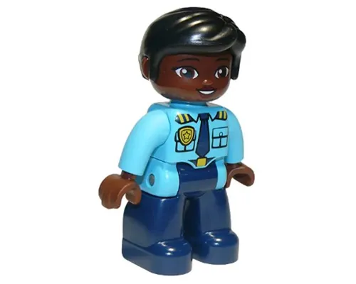 Duplo Figure Lego Ville, Female Police, Dark Blue Legs, Medium Azure Top with Badge and Epaulettes, Black Hair Image