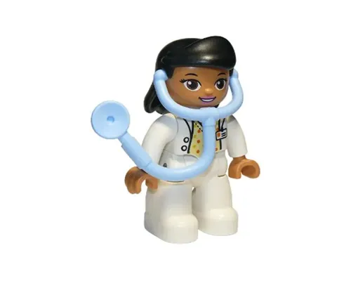 Duplo Figure Lego Ville, Female, Medic, White Legs, White Top with ID Badge, White Arms, Black Hair, Attached Stethoscope Image