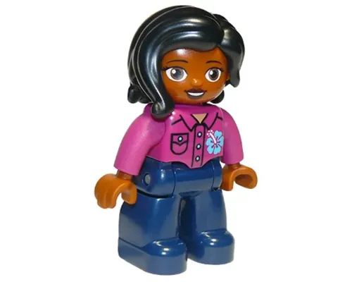 Duplo Figure Lego Ville, Female, Dark Blue Legs, Magenta Shirt with Flower, Black Hair (6296662) Image