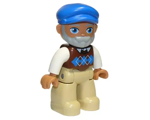 Duplo Figure Lego Ville, Male, Tan Legs, Reddish Brown Argyle Sweater Vest, White Arms, Light Bluish Gray Beard, Blue Cap (6298486) Image