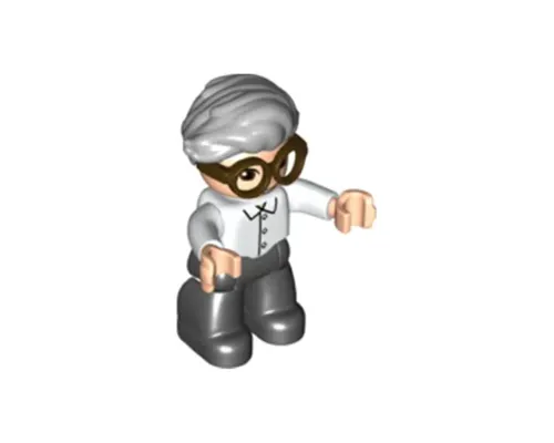 Duplo Figure Lego Ville, Male, Black Legs, White Top, Dark Brown Glasses, Light Bluish Gray Hair Image