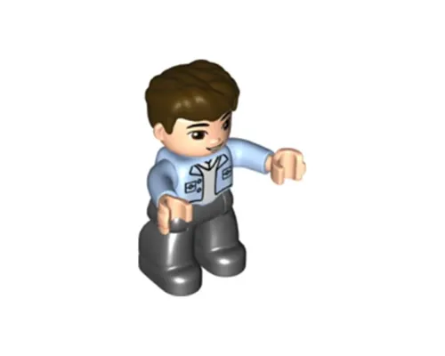 Duplo Figure Lego Ville, Male, Black Legs, Bright Light Blue Top with White Shirt, Dark Brown Hair Image