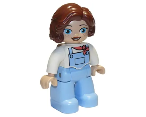 Duplo Figure Lego Ville, Female, Bright Light Blue Legs with Overalls, White Top, Freckles, Reddish Brown Hair (6329836) Image