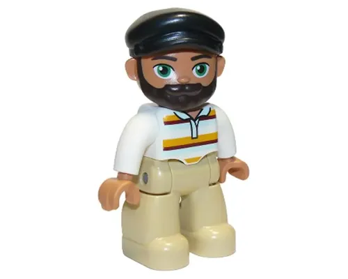 Duplo Figure Lego Ville, Male, Tan Legs, White Top with Stripes, Black Cap, Dark Brown Beard Image