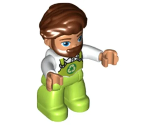 Duplo Figure Lego Ville, Male, Lime Legs with Overalls and Recycling Logo, Reddish Brown Hair and Beard (6343321) Image