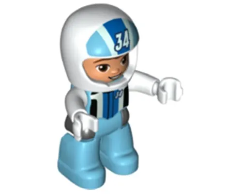 Duplo Figure Lego Ville, Male, Medium Azure Legs, White Race Top and Helmet with Number 34 Pattern (6345403) Image