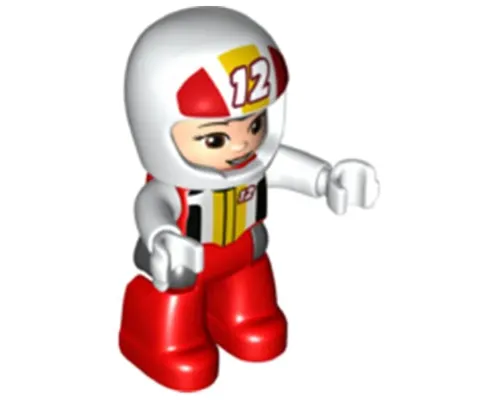 Duplo Figure Lego Ville, Female, Red Legs, White Race Top and Helmet with Number 12 Pattern (6345401) Image