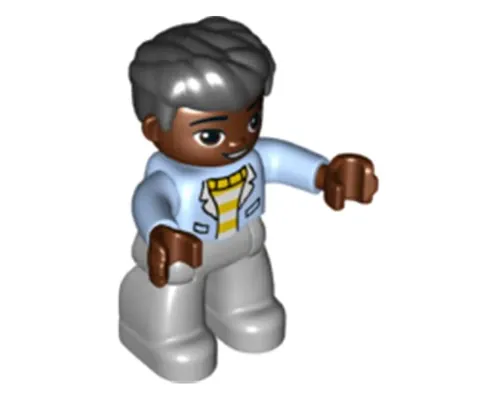 Duplo Figure Lego Ville, Male, Light Bluish Gray Legs, White and Yellow Top with Bright Light Blue Jacket, Black Hair (6362255) Image