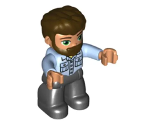 Duplo Figure Lego Ville, Male, Black Legs, Bright Light Blue Shirt with Pockets, Dark Brown Hair and Beard Image