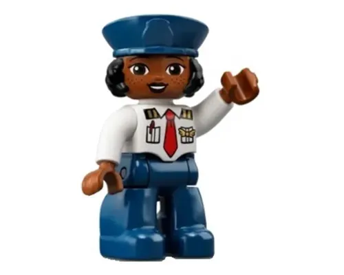 Duplo Figure Lego Ville, Female Pilot, Dark Blue Legs, White Top with Red Tie, Dark Blue Hat with Black Hair (6361060) Image