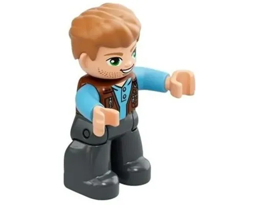 Duplo Figure Lego Ville, Male, Dark Bluish Gray Legs, Reddish Brown Vest, Dark Tan Hair (Jurassic World Owen Grady) Image