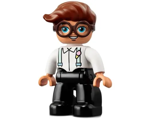 Duplo Figure Lego Ville, Male, Black Legs, White Top with Light Aqua Suspenders, Dark Brown Glasses, Reddish Brown Hair Image