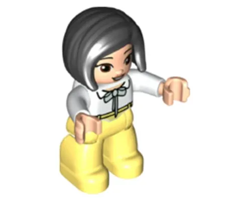 Duplo Figure Lego Ville, Female, Bright Light Yellow Legs, White Top with Light Aqua Bow, Black Hair, Reddish Brown Eyes (6347490) Image