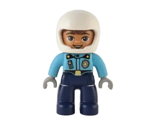 Duplo Figure Lego Ville, Male Police, Dark Blue Legs, Medium Azure Top with Badge and Zipper, White Helmet (6374643) Image