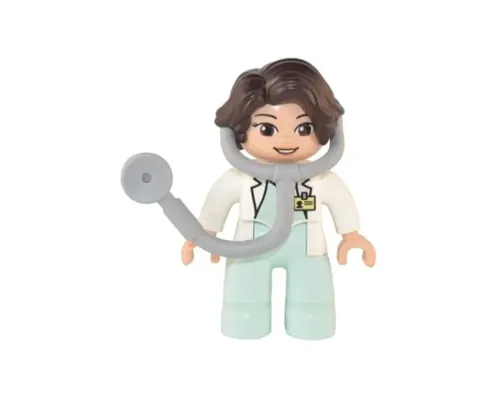 Duplo Figure Lego Ville, Female Medic, Light Aqua Legs, White Top with ID Badge, White Arms, Dark Brown Hair, Attached Stethoscope (6374984) Image