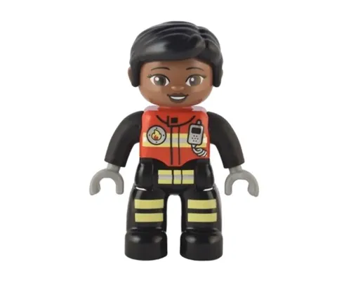 Duplo Figure Lego Ville, Female Firefighter, Black Legs with Reflective Stripes, Red Vest with Silver Fire Badge and Radio, Black Hair, Reddish Brown Eyes (6374797) Image