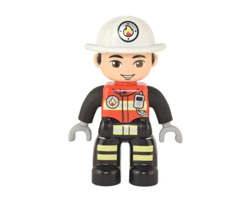 Duplo Figure Lego Ville, Male Firefighter, Black Legs with Reflective Stripes, Red Vest with Silver Fire Badge and Radio, Light Nougat Face, White Helmet with Fire Badge (6374293) Image