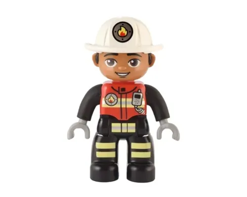 Duplo Figure Lego Ville, Male Firefighter, Black Legs with Reflective Stripes, Red Vest with Silver Fire Badge and Radio, Medium Nougat Face, White Helmet with Fire Badge (6373860) Image