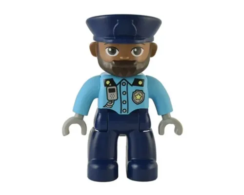 Duplo Figure Lego Ville, Male Police, Dark Blue Legs, Medium Azure Top with Silver Badge and Radio, Dark Blue Hat (6374803) Image