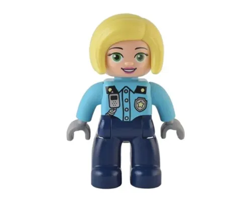 Duplo Figure Lego Ville, Female Police, Dark Blue Legs, Medium Azure Top with Silver Badge and Radio, Bright Light Yellow Hair (6374290) Image