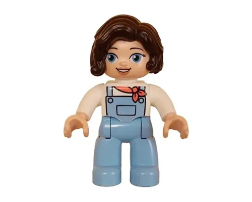 Duplo Figure Lego Ville, Female, Bright Light Blue Legs with Overalls, White Top, Dark Brown Hair (6427981) Image