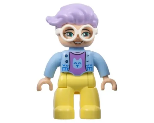 Duplo Figure Lego Ville, Female, Bright Light Yellow Legs, Bright Light Blue Jacket, Medium Lavender Cat Shirt, White Glasses, Lavender Hair (6444490) Image